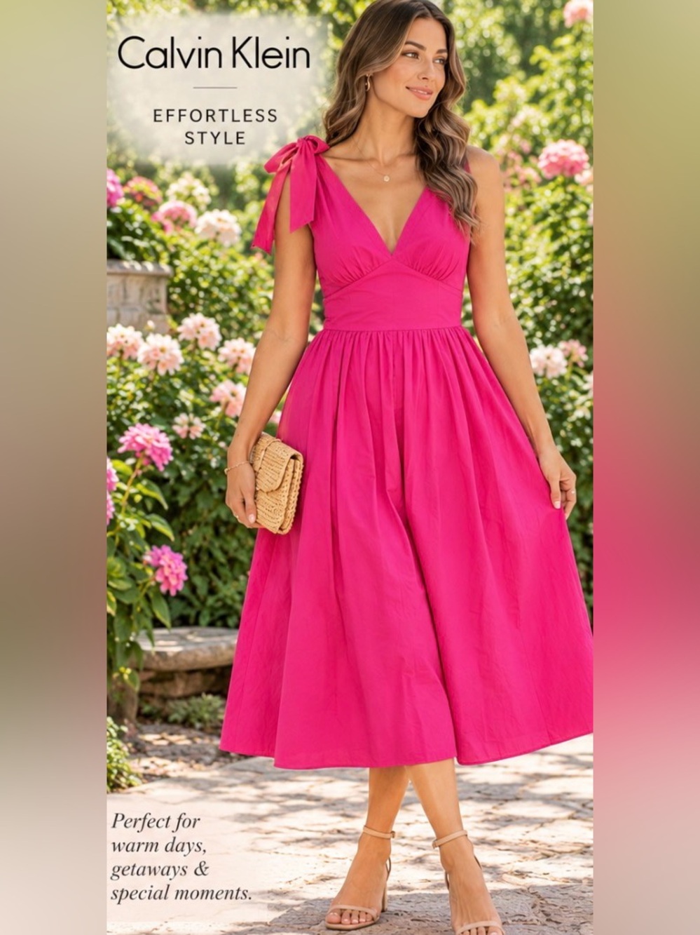 Calvin Klein Fuchsia Pink Cotton Midi Dress Size 2 Tie Shoulder A-Line